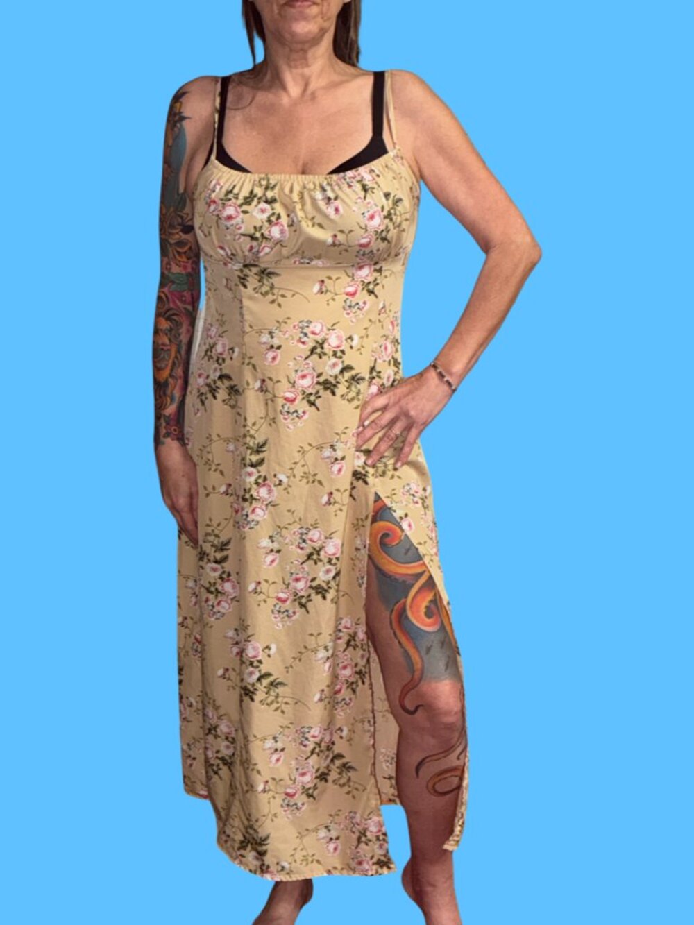 Sz.0X*SHEIN*Tan Floral-Print Midi Dress W/ High Slit